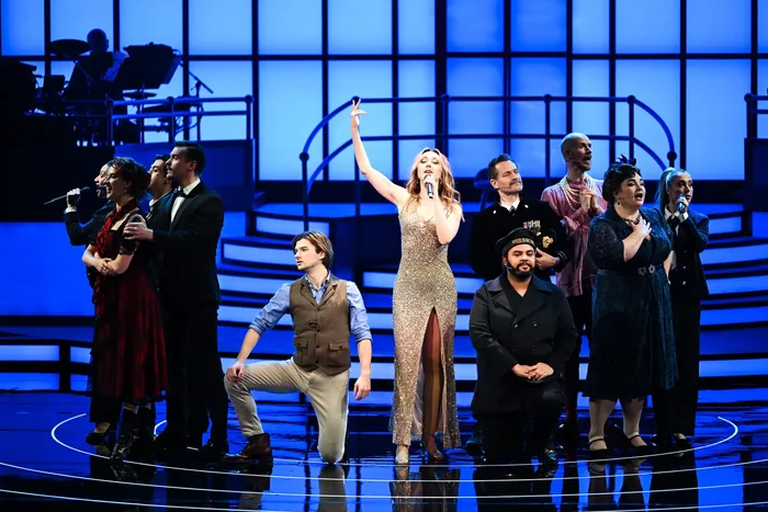 Astrid Harris as Céline Dion with the company of Titaníque on the Théâtre du Lido stage, Paris