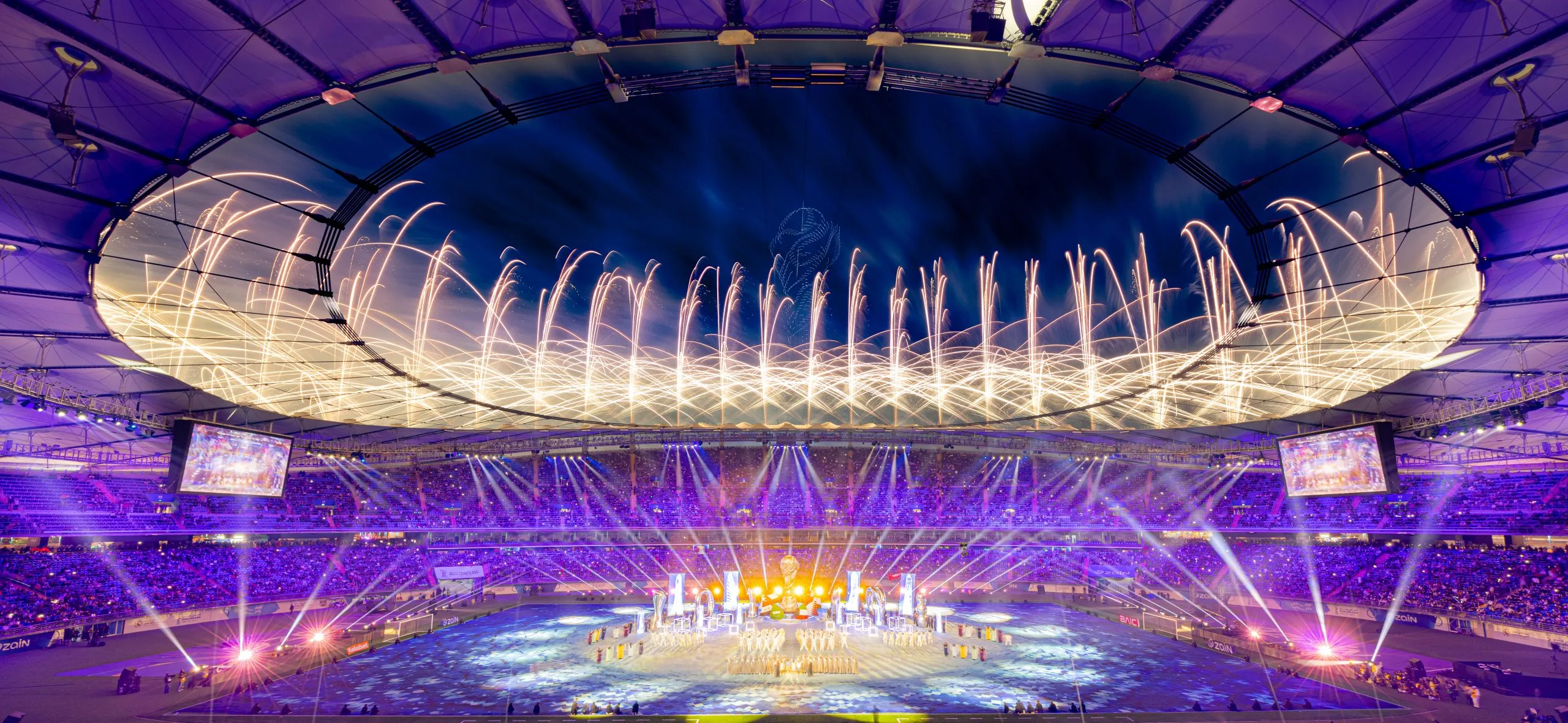 Pyrotechnic display over Jaber Al-Ahmad International Stadium during the 26th Arabian Gulf Cup opening ceremony